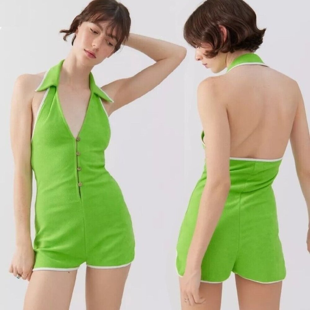 Urban Outfitters Trisha Romper Size XS Terry Cloth Collared Halter Beach CoverUp